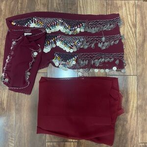 Elegant Burgundy Belly Dancing Hip Scarf and Dancing Vwill